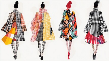 The illustration depicts four fashionably dressed women, each exuding a distinct personality, White background used for fashion clothing design.