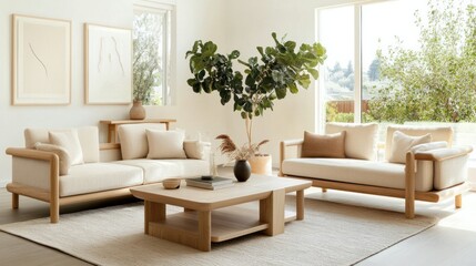Modern Japandi living room featuring light oak furniture, clean lines, and an inviting atmosphere with minimal decor