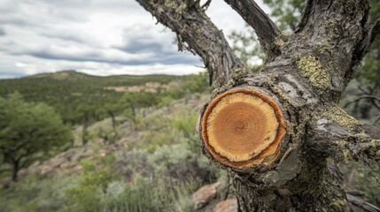 Fototapeta premium Tree trunk cross-section showcasing age rings and natural history in a serene landscape setting with lush greenery and distant hills.