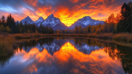 Naklejka premium A stunning sunset over mountains reflecting in a serene lake.