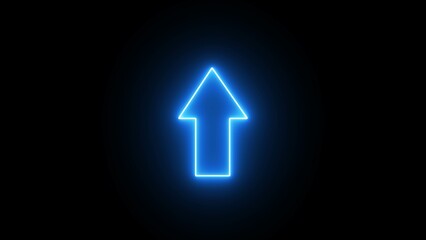 Neon upload arrow icon. Abstract glowing neon up arrow illustration. Neon up direction arrow icon on black background.