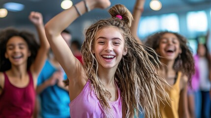 Fototapeta premium Teenagers dancing together at a school dance, full of energy and joy.