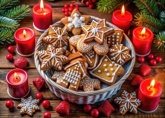 Fototapeta premium Drone Photography Christmas Gingerbread Cookies Festive Basket Red Theme Holiday Decorations