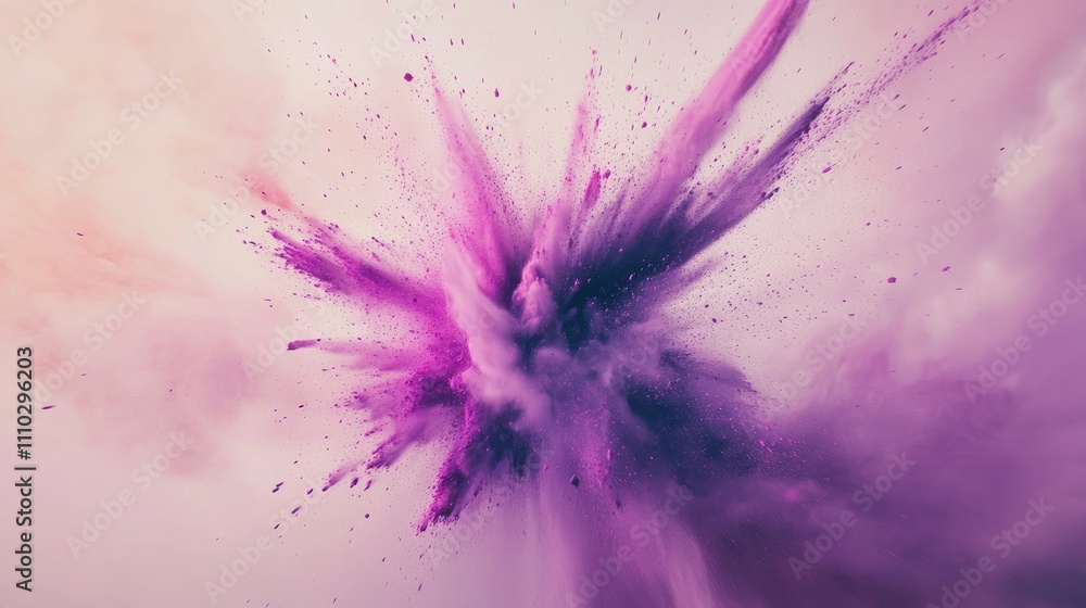 Poster vibrant violet powder explosion creating dynamic patterns on a clean white background showcasing the
