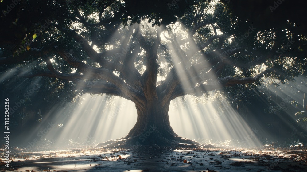 Poster majestic tree illuminated by soft sunlight creating a serene atmosphere with branches and leaves as 