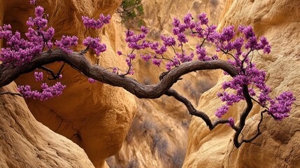 Desert willow hybrid tree showcasing vibrant purple flowers against a stunning canyon background in natural sunlight