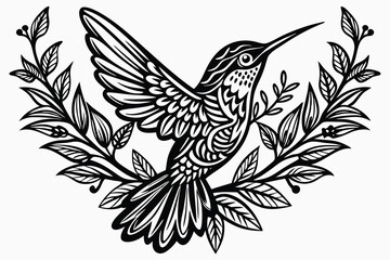 decorative hummingbird design with fine details, plants around C.eps