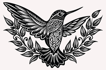 decorative hummingbird design with fine details, plants around D.eps
