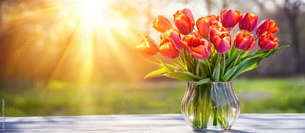 Poster elegant vase of vibrant tulips illuminated by sunlight on a table with a blurred colorful backdrop c