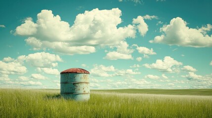 Obraz premium Rusty water tower on a farm surrounded by tall green grass, set against a vast, cloudy blue sky with fluffy white clouds, rural landscape, agricultural setting, tranquility.