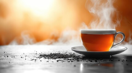 Obraz premium Steaming cup of black tea on a saucer with loose tea leaves against a warm blur background conveying comfort and wellness.