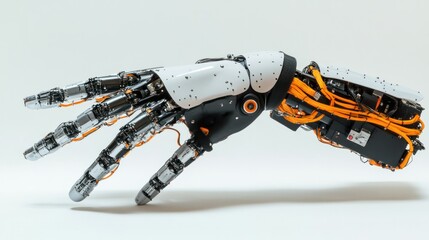 Pointing robotic hand with flexible joints, high-tech design, white background focus