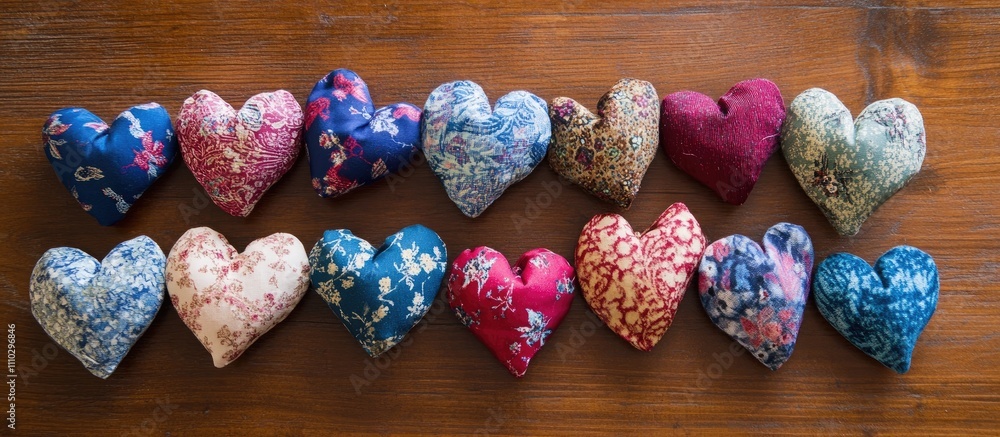Poster fabric hearts in various colors and patterns arranged on a rustic wooden table for valentine's day d