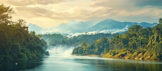 Serene river landscape in the mountains with lush greenery and soft mist ideal for adding text or promotional content