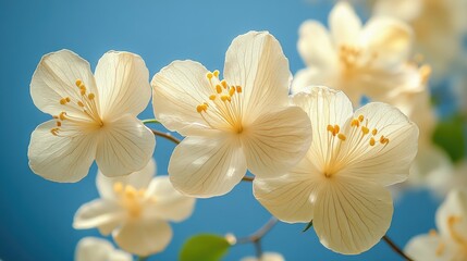 Fototapeta premium White Orchid Tree Bauhinia Variegata Var Alba blossoms against clear blue sky showcasing delicate petals and vibrant yellow stamens in warm sunlight