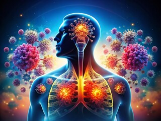 Double Exposure Photography of Lungs with Coronavirus Symbol, Illustrating the Impact of COVID-19 on Respiratory Health and Visual Metaphor for Infection and Disease Awareness
