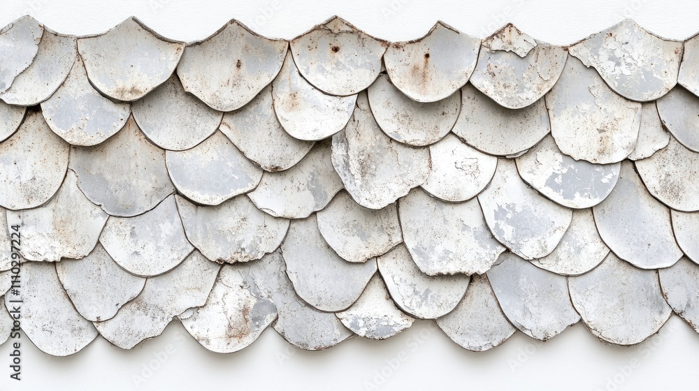 Poster textured metal mesh surface with a series of overlapping scales against a clean white background sho