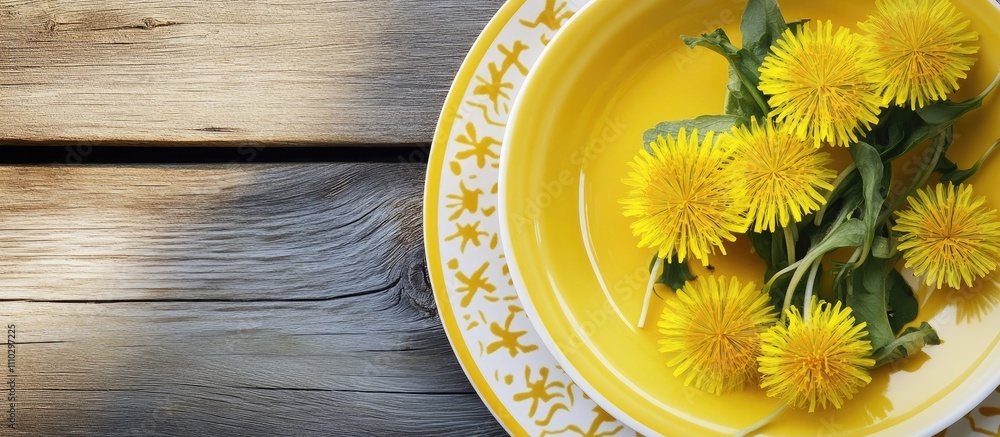 Poster rustic table setting with yellow patterned plate and fresh dandelions on a weathered wooden table ba
