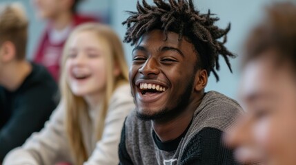 Fototapeta premium Teenagers laughing in a classroom while the teacher shares a joke.