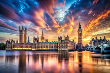 Naklejka premium Dramatic Double Exposure of London’s Parliament and Thames River Under an Ominous Sky Showcasing the Iconic Beauty of England’s Capital City with a Surreal Twist