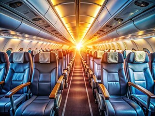 Fototapeta premium Dramatic Long Exposure of Airplane Interior with Sunlight Streaming Through Window, Highlighting Aisle and Rows of Seats for Travel and Aviation Enthusiasts