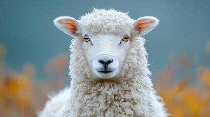 Fototapeta premium Fluffy white sheep close-up in a stable environment with soft blurred background, showcasing the animal's expression and texture, farm, livestock, nature.