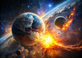 Obraz premium Dramatic Portrait of a Cataclysmic Planetary Collision: A Devastated Planet Crashing into Another in a Cosmic Catastrophe of Fire and Debris