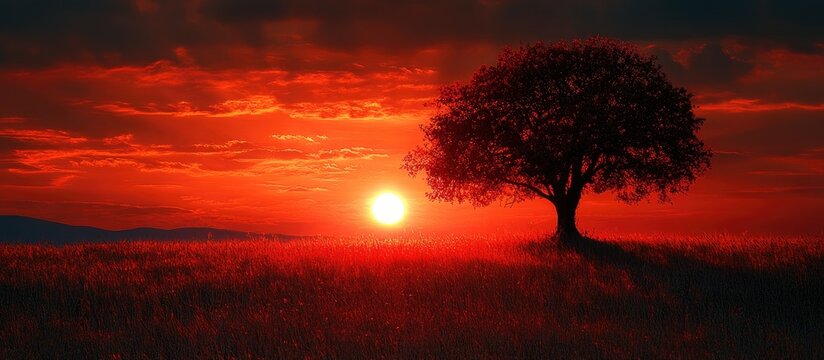 Silhouetted tree against a stunning sunset with vibrant red and orange hues illuminating the sky and landscape.