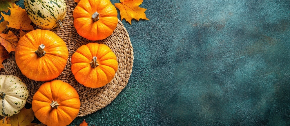 Poster cozy autumn table setting with pumpkins on a wicker placemat surrounded by colorful leaves creating 