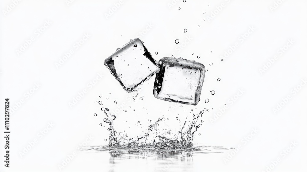 Poster splashing ice cubes with water droplets on a white background creating a refreshing and cool atmosph