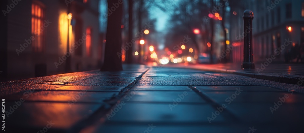 Poster enchanting bokeh lights reflecting on a wet street creating a dreamy evening atmosphere in an urban 