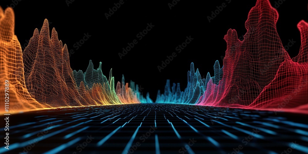 Poster a vibrant, digital landscape featuring waveforms in various colors against a dark background, repres