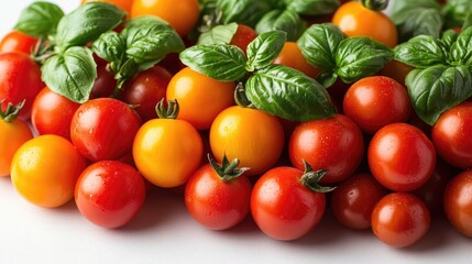 Fresh cherry tomatoes with vibrant basil leaves arranged beautifully on a clean white background for culinary presentations and recipes.
