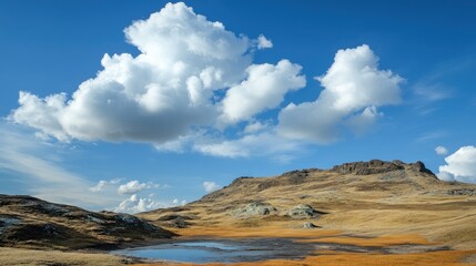 Fototapeta premium Bog landscape with peat extraction under a vibrant blue sky showcasing spring colors and expansive cloud formations for copy space.