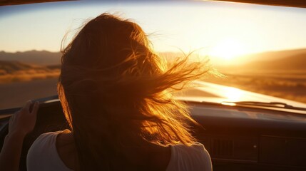 Woman with long hair driving a car into sunset
