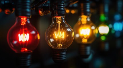 Different colored light bulbs illuminated against a dark background, symbolizing innovation and diversity of ideas, minimalistic photography style
