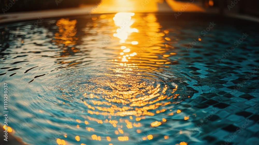 Poster sunlight reflecting on tranquil swimming pool water with ripples and mosaic tiles creating a serene 