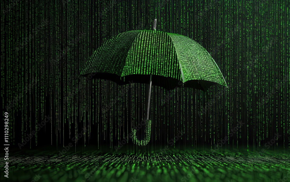 Poster cyber insurance and risk management concept. a digital umbrella surrounded by cascading green binary