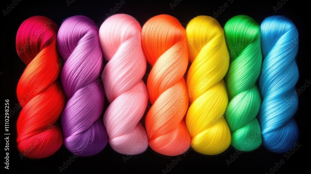 Poster vibrant array of colorful wool threads neatly arranged on a black background showcasing a spectrum o