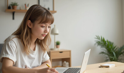 Young woman studying at a desk with a laptop, focused vibe in a cozy indoor environment
