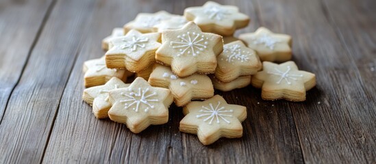 Fototapeta premium Traditional Christmas star-shaped cookies decorated with icing arranged on a rustic wooden surface festive holiday treat backdrop