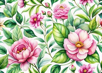 Dreamy Watercolor Floral Pattern with Delicate Pink Flowers and Lush Green Leaves on a Soft White Background for a Serene and Elegant Design Aesthetic