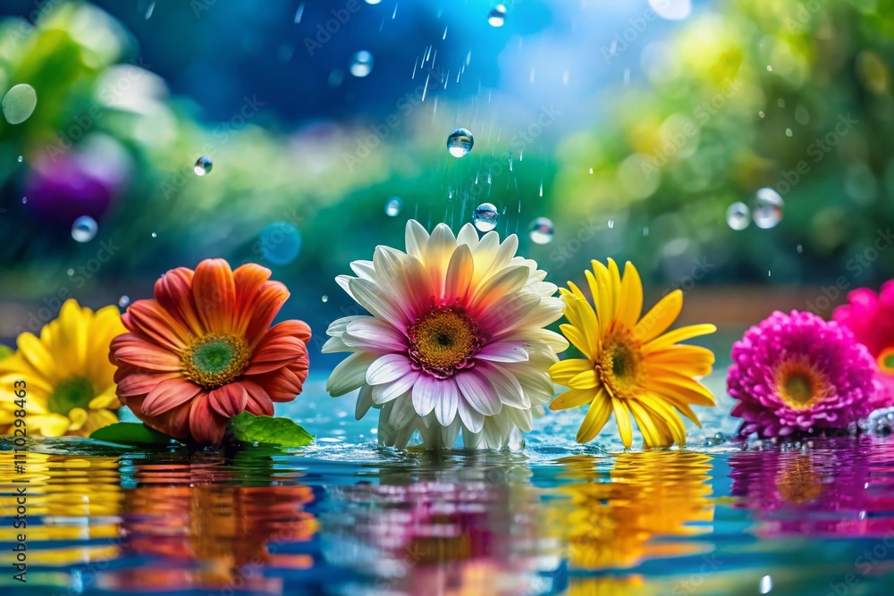 Poster droplets of water cascading on vibrant flowers floating on a tranquil surface, close-up slow motion 