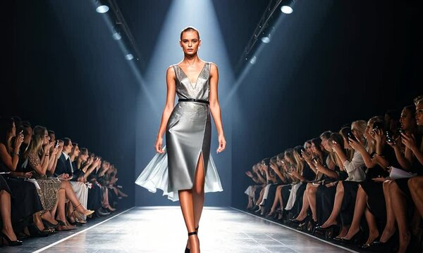 A model walks the runway in a shimmering silver dress under bright lights at a fashion show.