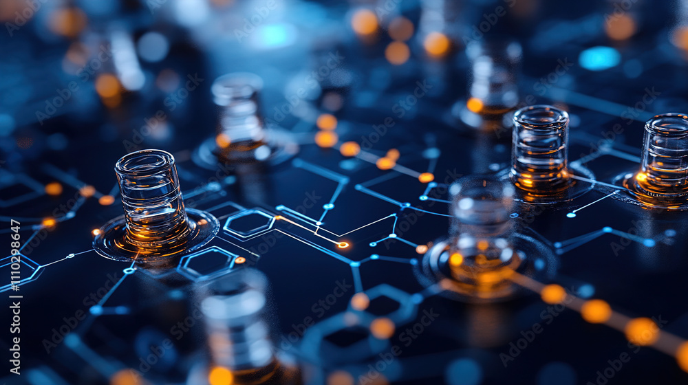 Poster intricate circuit board design showcasing translucent components and bright connections in an abstra