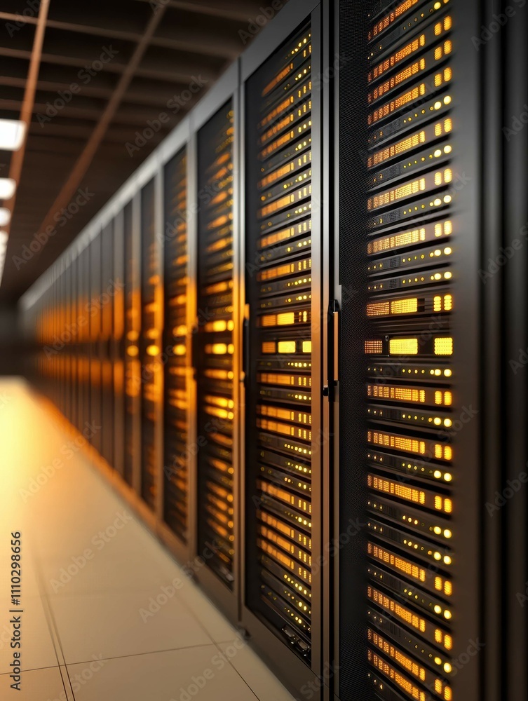 Poster a modern data center corridor featuring rows of illuminated server racks, highlighting advanced tech