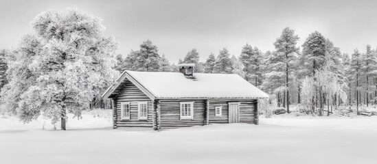 Winter landscape with a wooden cabin surrounded by snow-laden trees in a serene black and white atmosphere