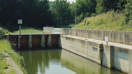 Naklejka premium Concrete water reservoir dam in a lush valley, featuring a calm creek surrounded by greenery, reflecting the serene landscape, infrastructure, nature, engineering.