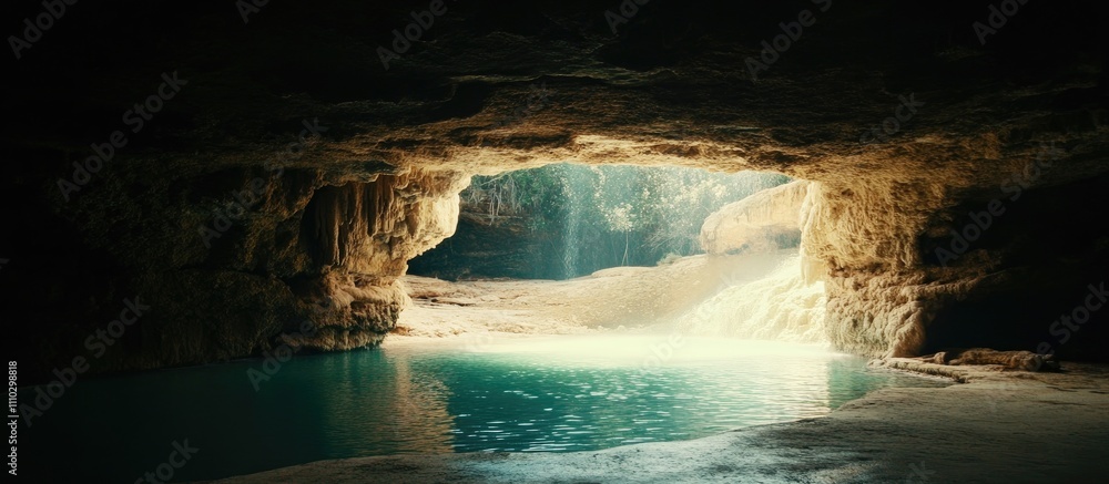 Poster exploring the tranquility of a hidden cave with a serene pool and soft sunlight illuminating a breat