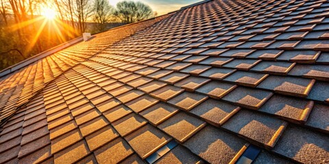 A close-up view of a roof with textured tiles, illuminated by the warm glow of a setting sun, casting long shadows across the surface